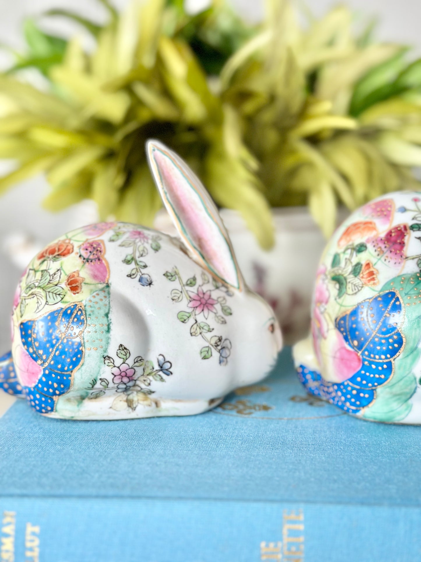 Pair of Porcelain Tobacco Leaf Bunnies