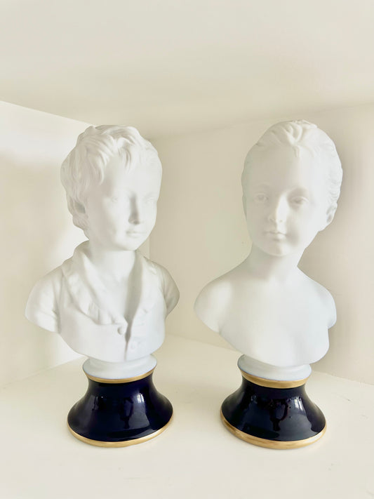 French Tharaud Limoges d'après Houdon Bisque Porcelain Bust of Louise and Alexandre Brongniart