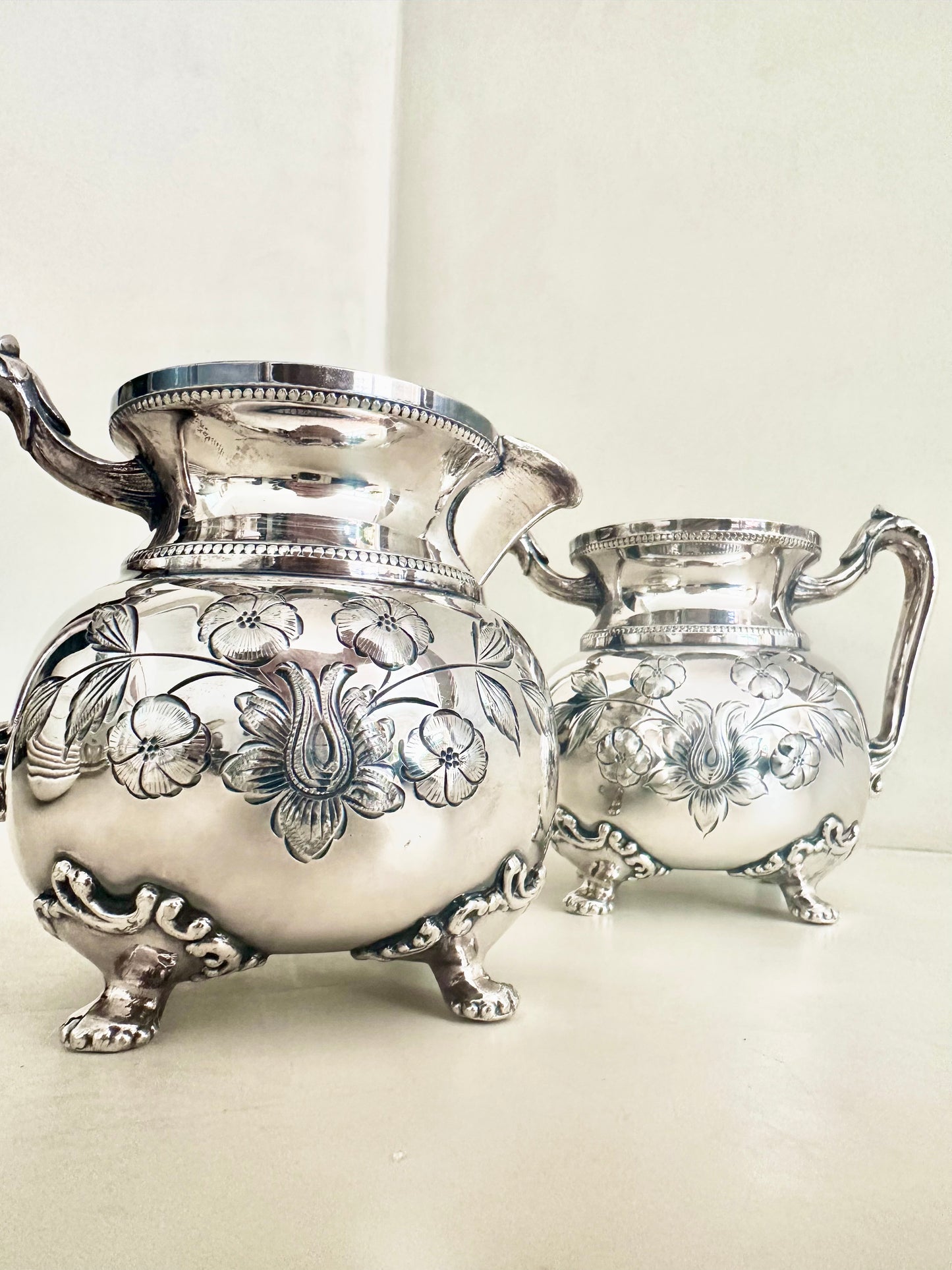 Silver Plated Creamer and Sugar with Floral Etching