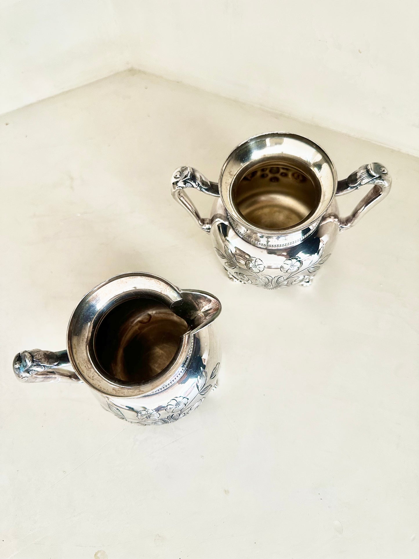 Silver Plated Creamer and Sugar with Floral Etching