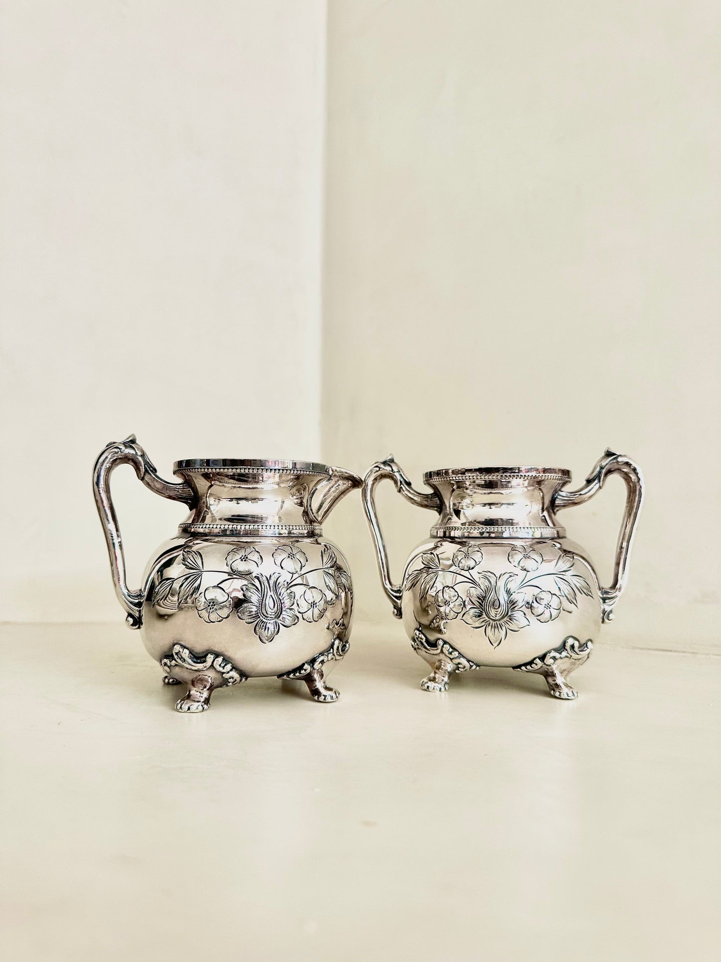 Silver Plated Creamer and Sugar with Floral Etching