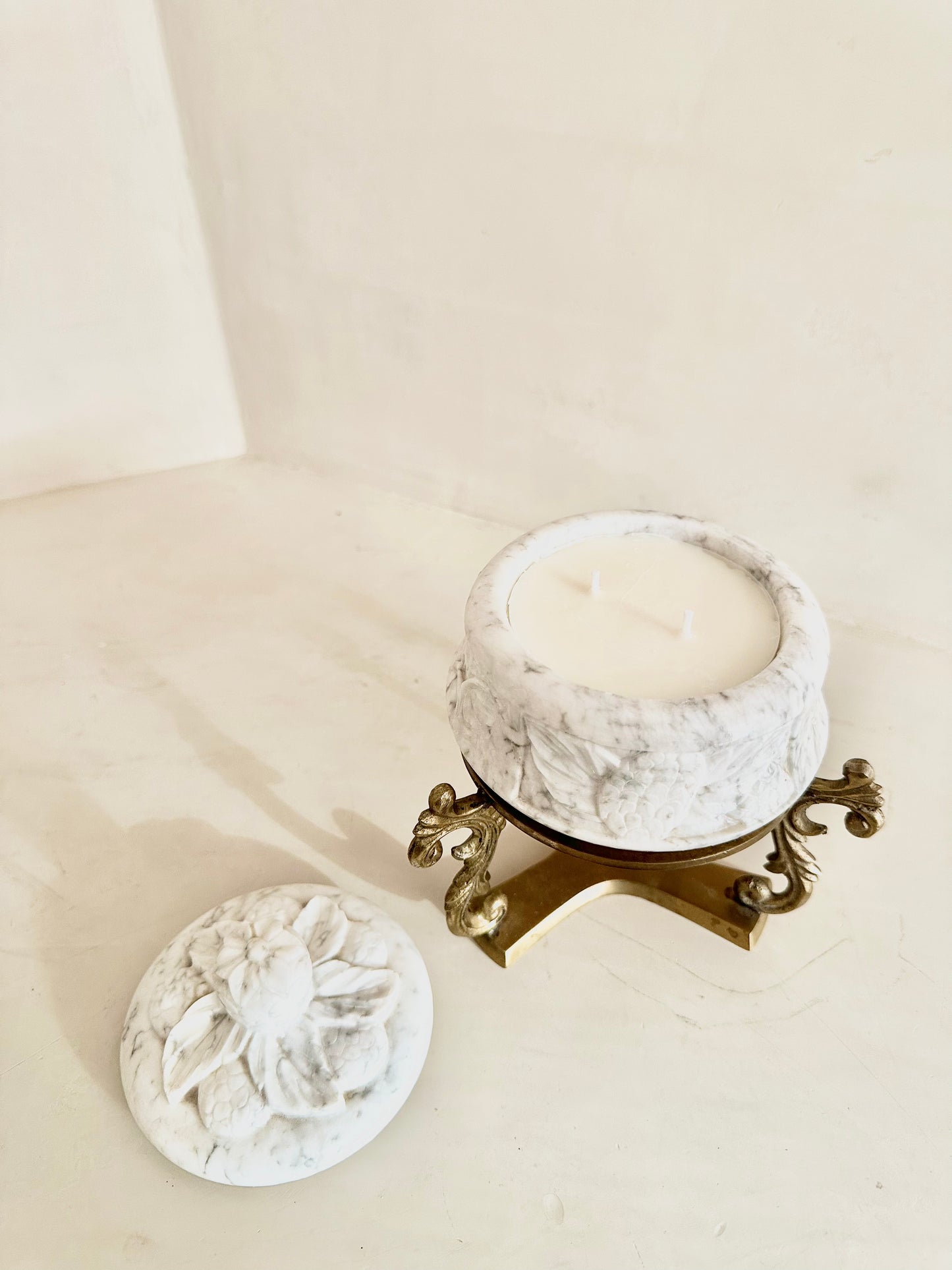 Candled Lidded Stone Bowl on Brass Stand