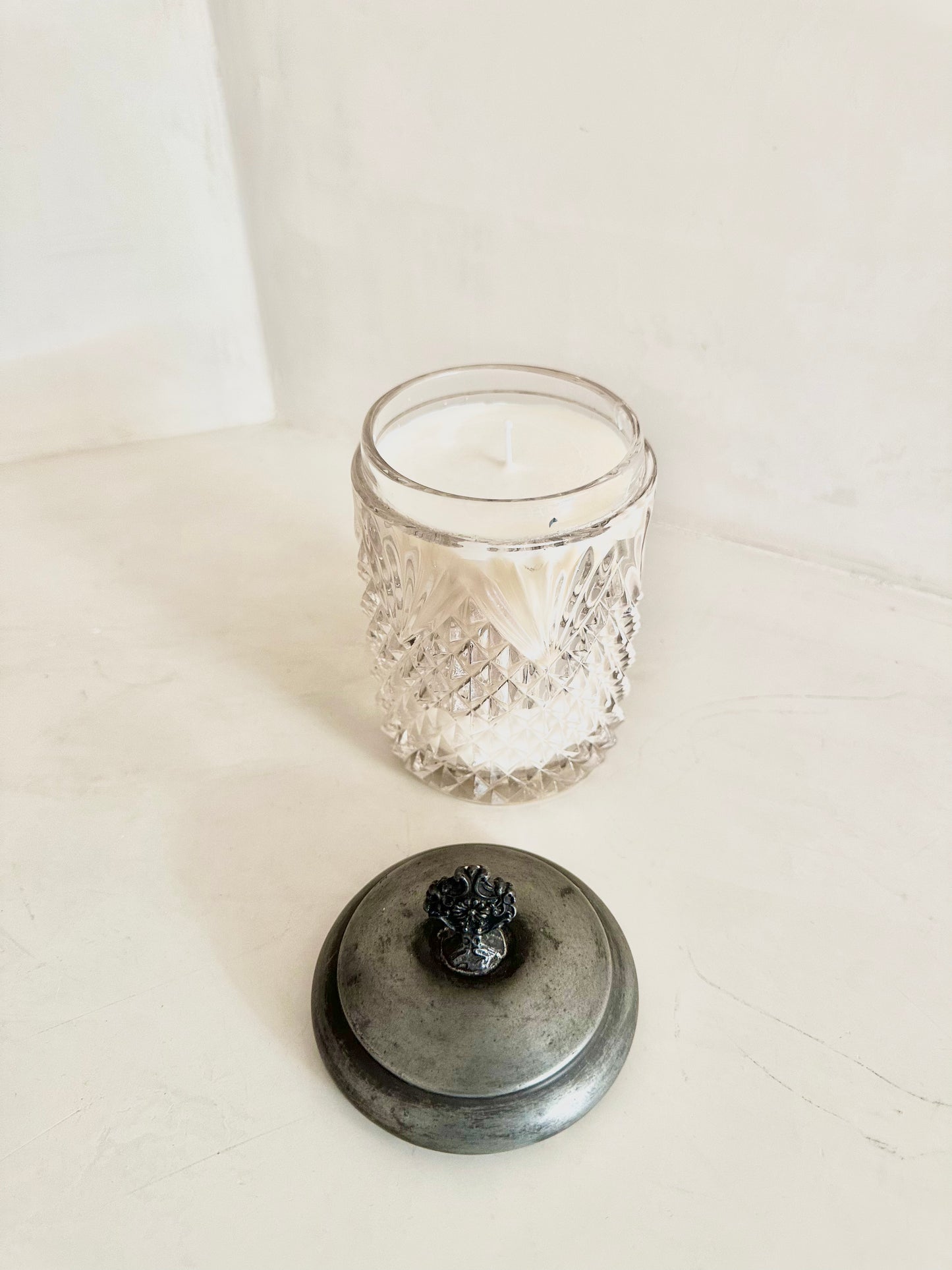 Lidded Candle in Cut Glass Jar