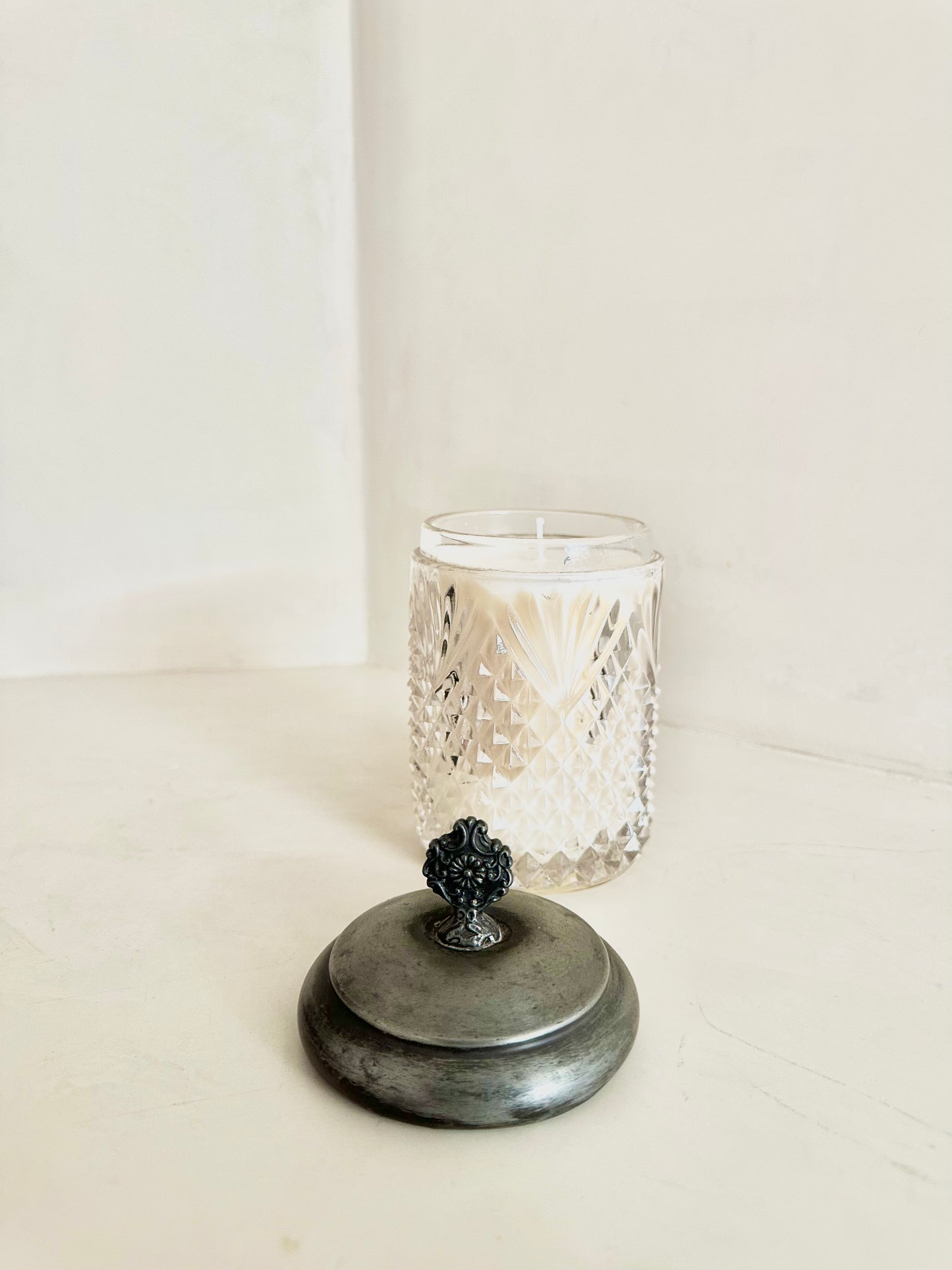 Lidded Candle in Cut Glass Jar