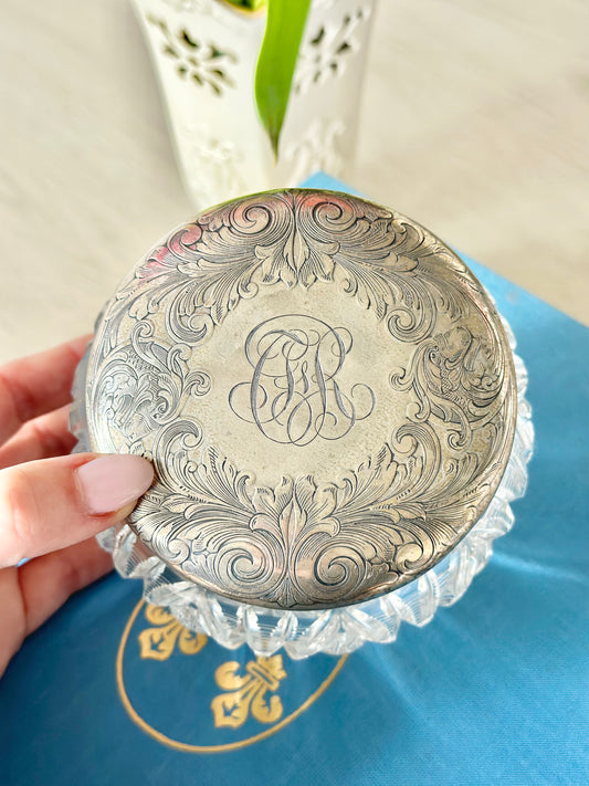 Cut Crystal Vanity Jar with Engraved Sterling Silver Lid