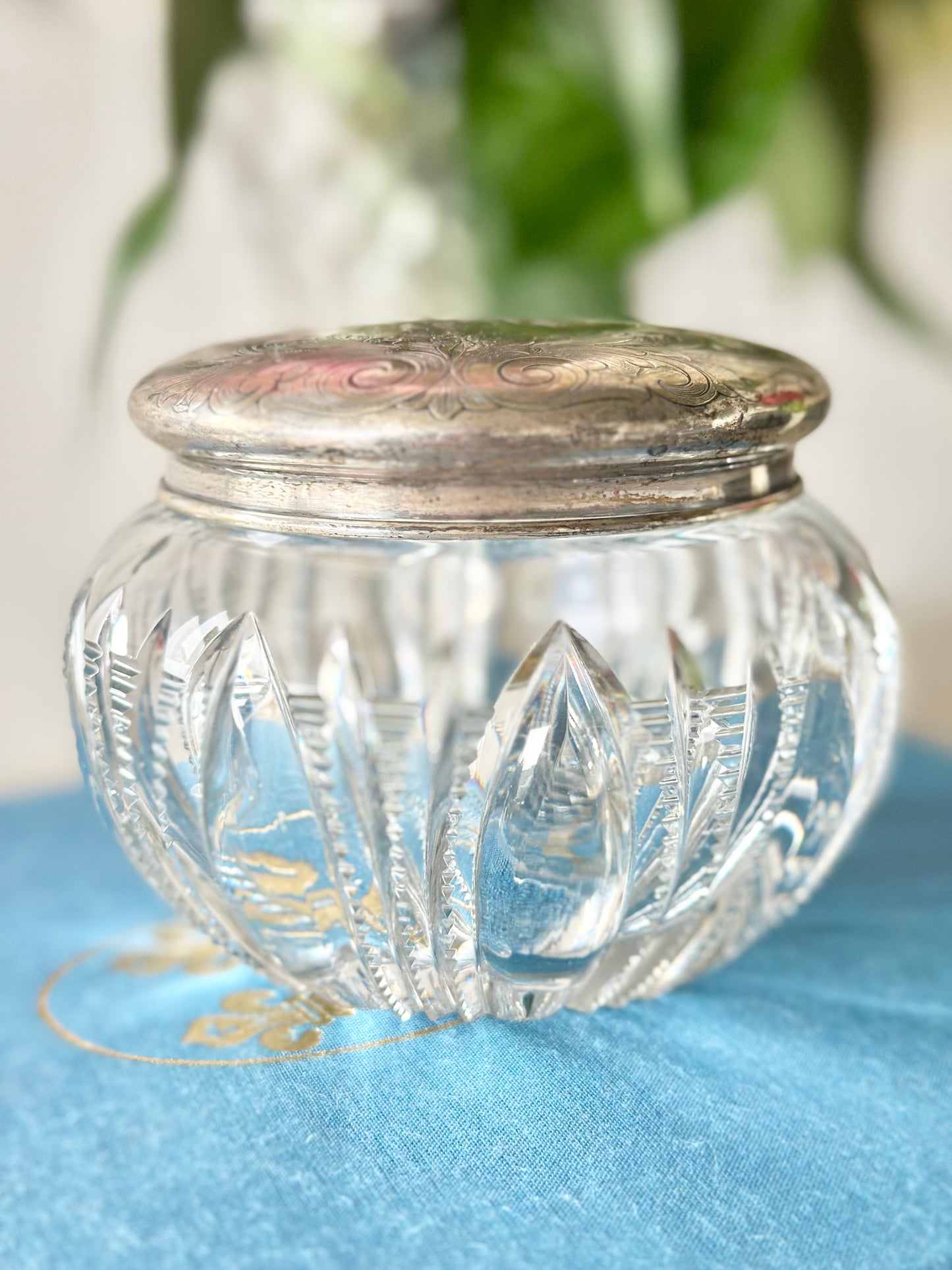 Cut Crystal Vanity Jar with Engraved Sterling Silver Lid