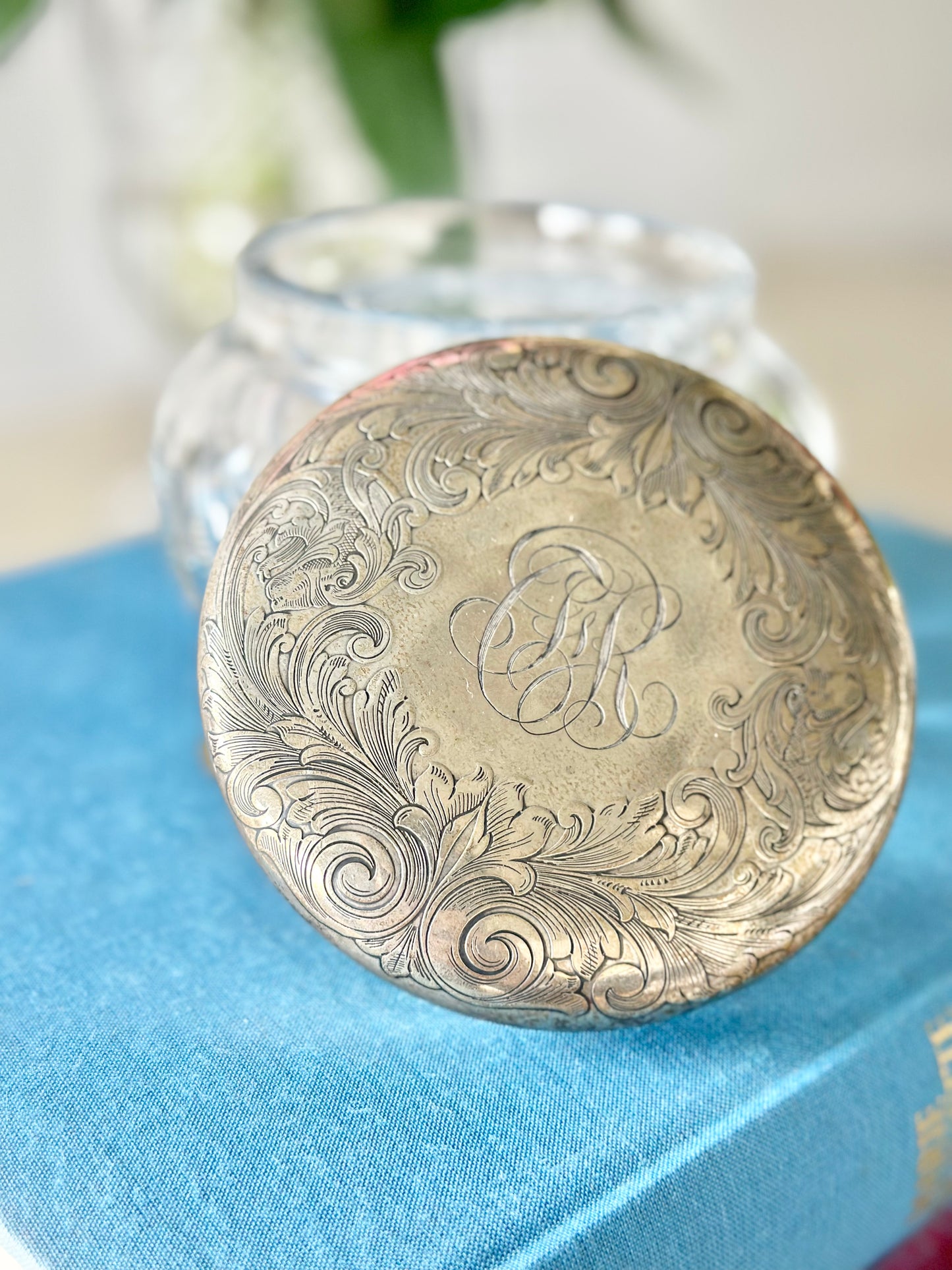 Cut Crystal Vanity Jar with Engraved Sterling Silver Lid