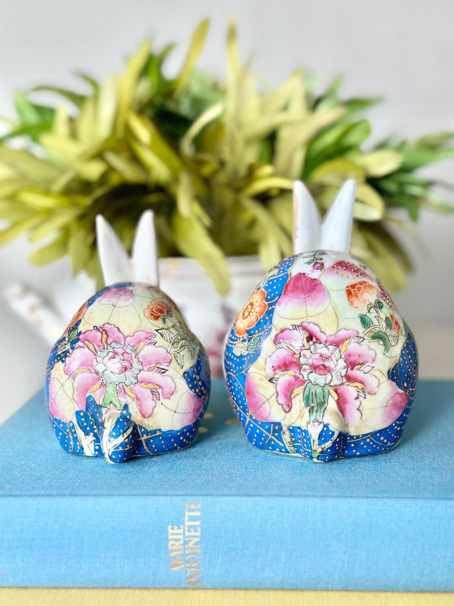 Pair of Porcelain Tobacco Leaf Bunnies