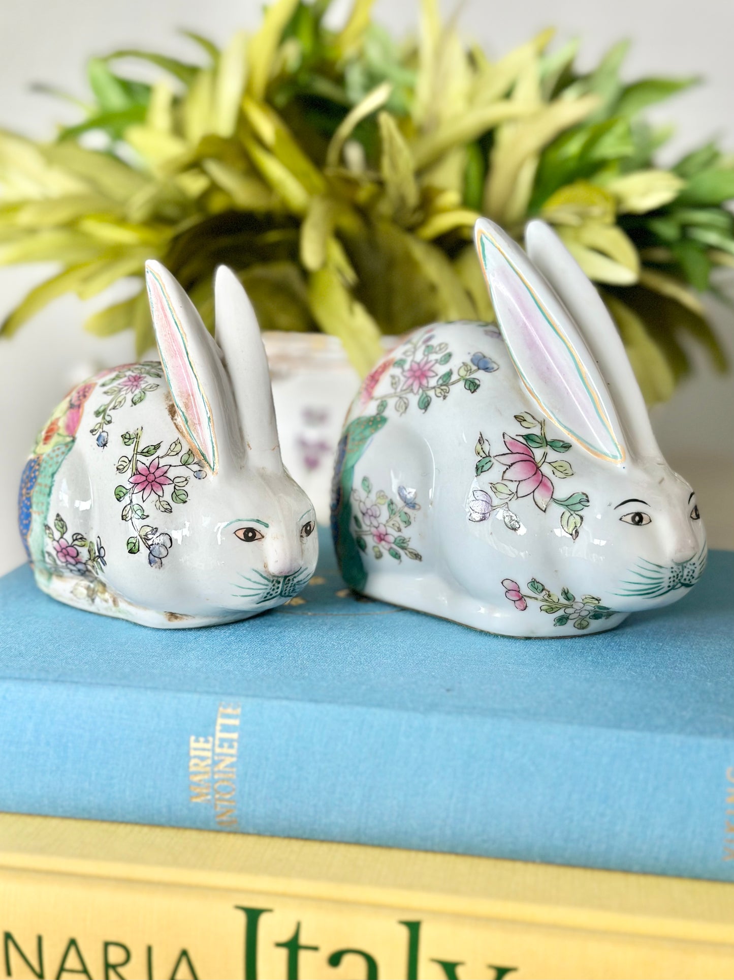 Pair of Porcelain Tobacco Leaf Bunnies